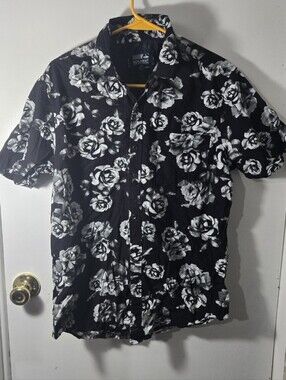Monument Mens Floral Print Button Down Top Edgy Gothic Grunge Skater Large